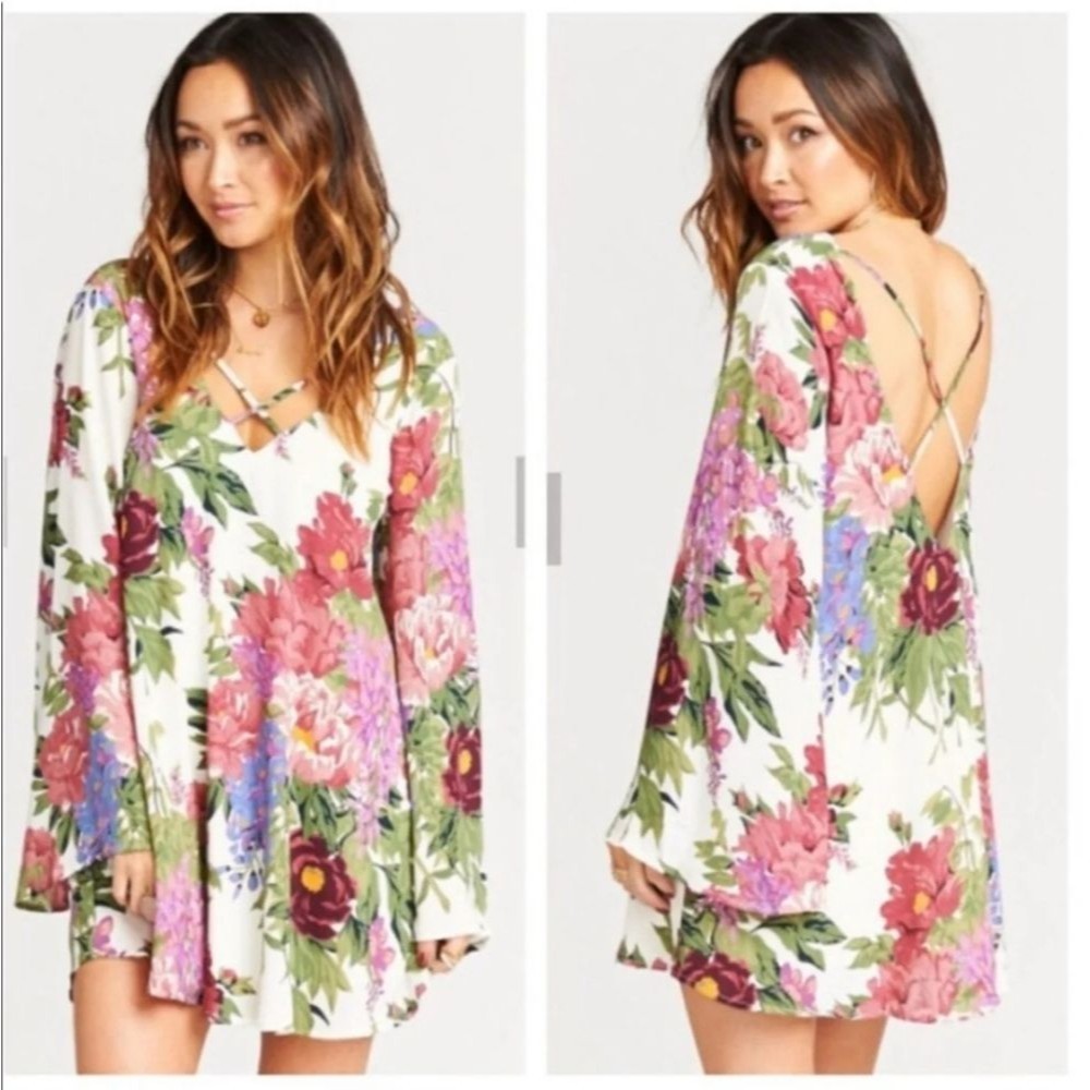 Show Me Your MuMu Joni Mini Shift Dress Size S Long Bell Sleeve White‎ Floral